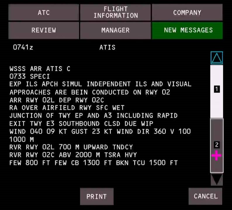 ATIS message with runway, wind, visibility and cloud information, as displayed on an aircraft ACARS interface.