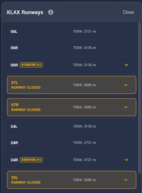 VPT KLAX runway selection listing temporary NOTAM configurations and runways closed by NOTAM