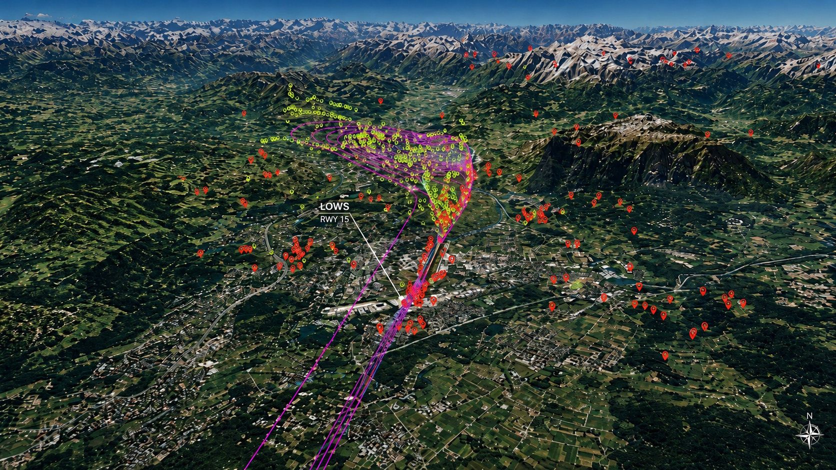 Engine-out analysis at LOWS: multiple engine-failure trajectories sampled against terrain and thousands of obstacle points in 3D.