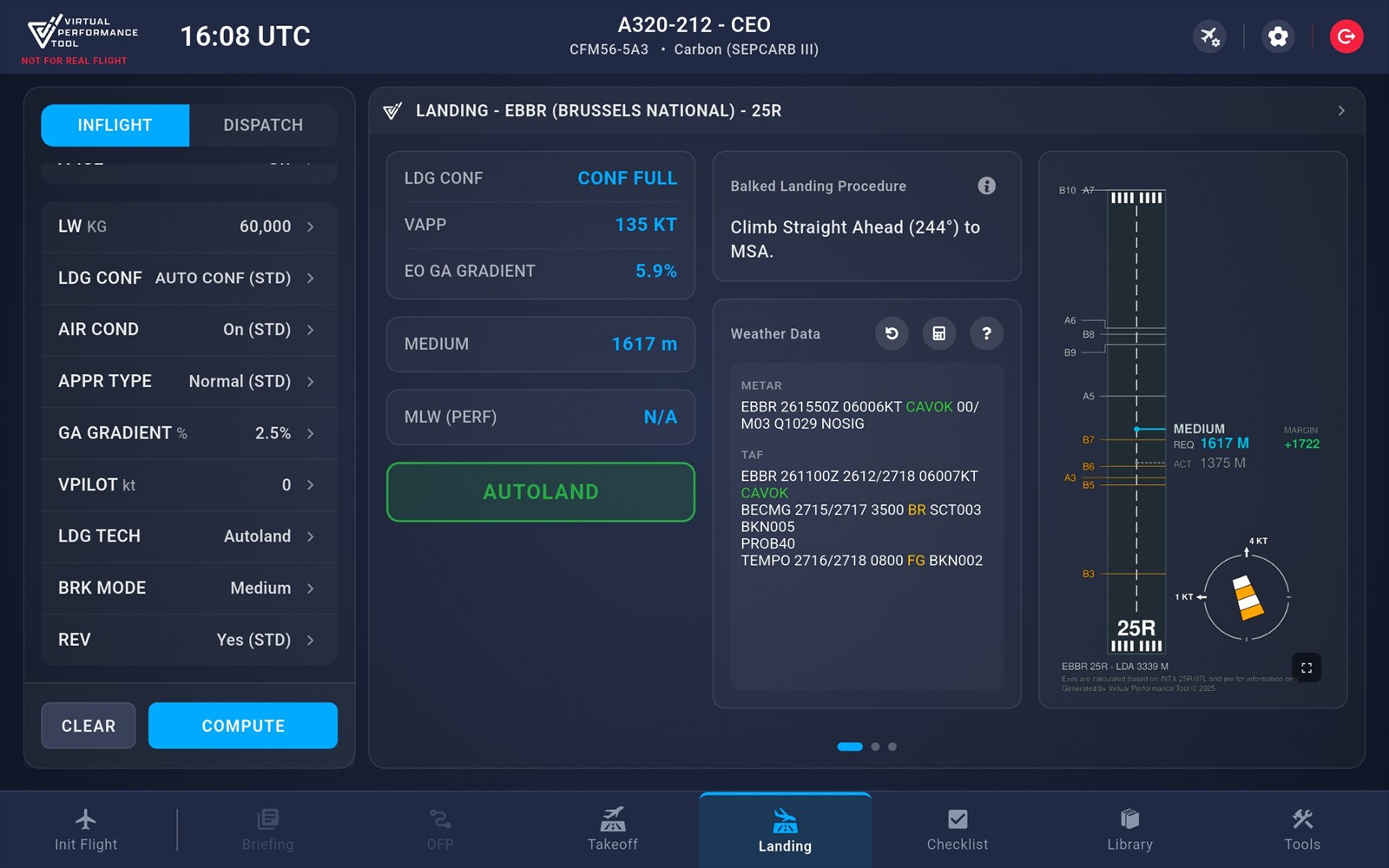 VPT landing dispatch screen for an Airbus aircraft