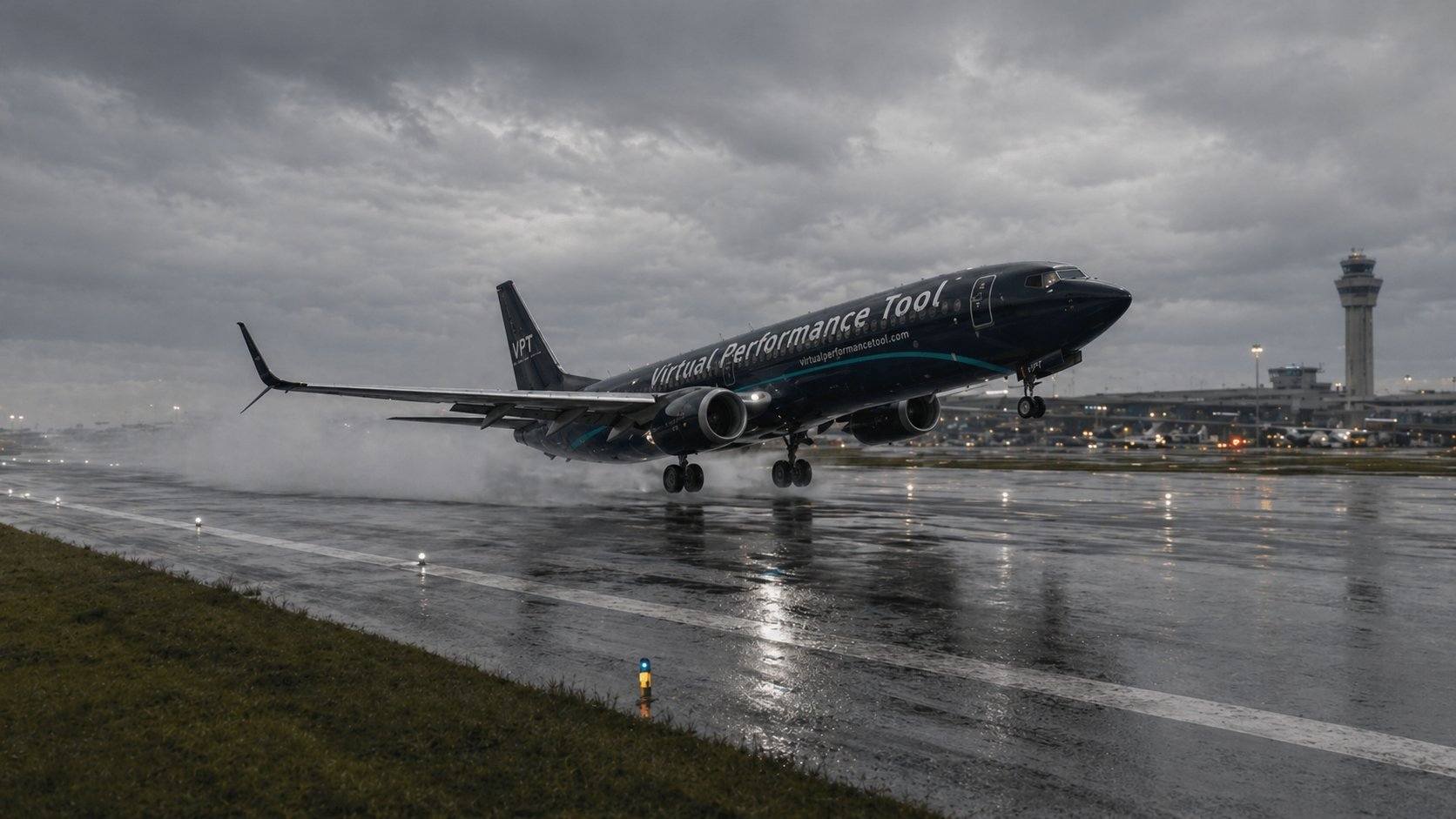 A VPT Boeing 737 lifting off from a rain-soaked runway at dusk.